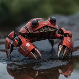 an unusual looking plastic crab, placed near some water