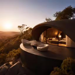 a modern round home on a hill overlooking the forest