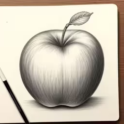 the apple is drawn on the notebook and a pencil is next to it,an apple with a leaf sits next to a drawing