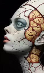 a skeleton woman with makeup and a mechanical instrument in her head