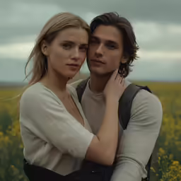 a man is carrying a beautiful woman and has her arms around him
