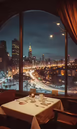 a table sitting under a large window near a large city