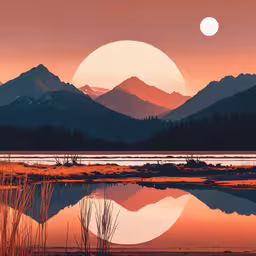 an image of a sunset or sunset over a body of water,the sun setting over mountains across a lake
