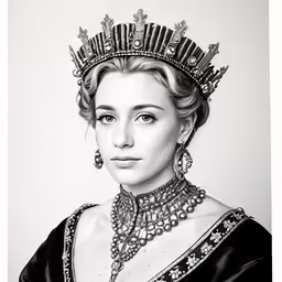 a black and white drawing of a woman with tiara