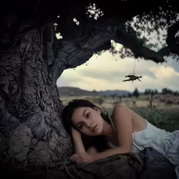 a woman laying in a tree with her head under the covers