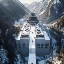 a building that is made of concrete and surrounded by snowy mountains