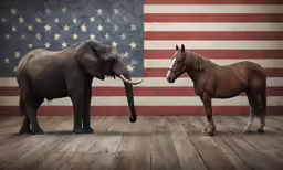 an elephant facing another elephant with the american flag