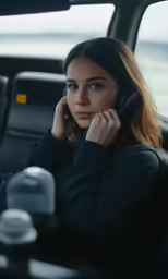 woman talking on phone sitting in car with bottle of beverage