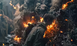 the man is standing in front of the fire