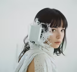 a girl is dressed in white while holding a camera