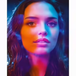 a girl with her eyes closed and long hair, against an abstract background