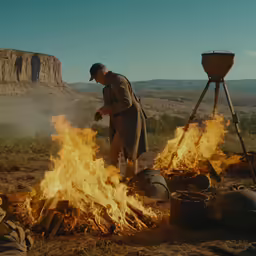 there is a man walking toward an open fire