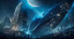 futuristic city with tall buildings at night with a large blue planet in the distance