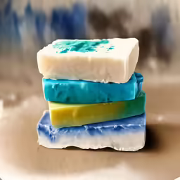 three soap bars one multicolored and one blue