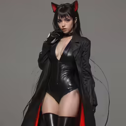 a model wearing a black cat costume with red fur ears and long black boots