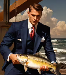 the man in a blue suit is holding a large brown fish,a man in a suit holding a fish while sitting down