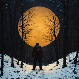 a person standing in the snow under the full moon