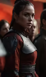a woman wearing armor standing in front of a group of people