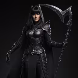 a woman in dark armor holding a weapon and an axe