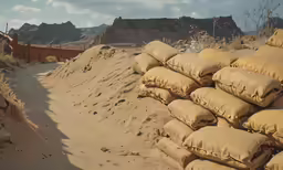 several sand bags are piled up on the ground