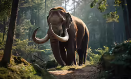 a large elephant walking in a forest with long, tusks