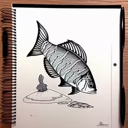 a drawing of a fish in black and white on a notebook,a drawing of a fish next to some water,a notebook with a drawing of a fish and a small green plant,a spiral notebook with a drawing of a fish on it,drawing of a fish on white paper, with black pen