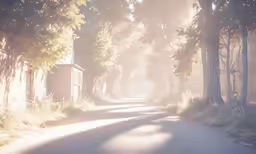 a lonely road in the woods with some buildings