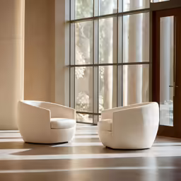 two chairs with white covers and wood frame in front of glass windows
