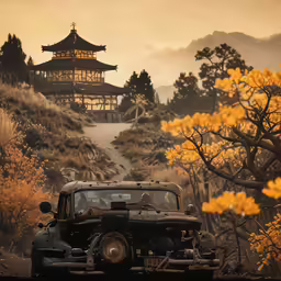 a black car is parked near a tower in a yellow tree
