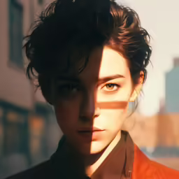 a girl wearing an orange jacket looks off into the distance