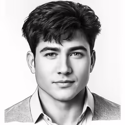 a black and white image of a man with dark hair