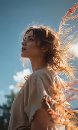 a woman with her hair flying in the wind