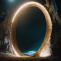 a person standing under a large circular light arch