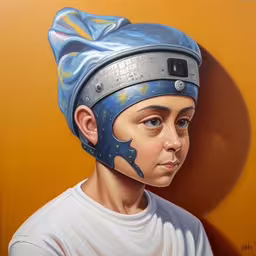 the young person in the blue hat has been painted