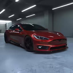 the red car is parked in the garage
