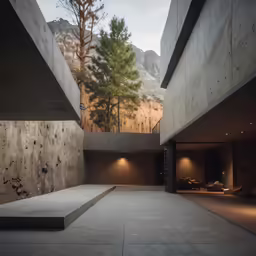 a concrete floored walkway inside a building