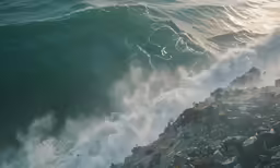 the large, ocean wave rolls over a rocky beach