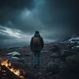 a person stands at a campfire on an overcast day