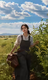 a woman with overalls and an apron in a field