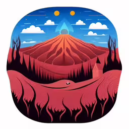 a landscape with mountains and some trees,an artistic illustration of a volcano in red and pink