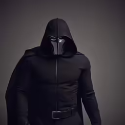 a man wearing a black hooded costume