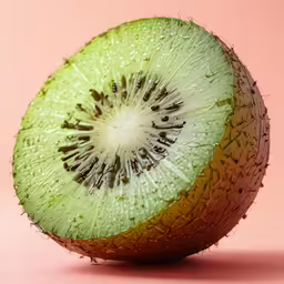 a fruit that has been cut in half and sits on top of a pink surface