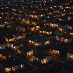night time aerial view of a neighborhood with houses