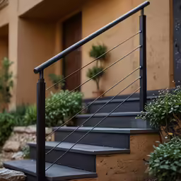 a house with a metal hand rail and a stone patio