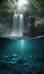 a man standing under water in a tropical forest