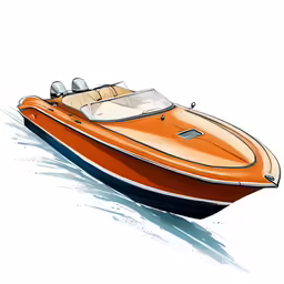 an orange motor boat traveling across water