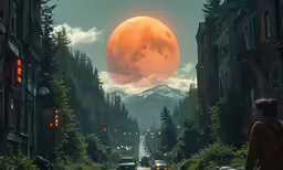 a couple cars and the moon in the city
