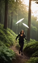 woman in black outfit holding umbrella and running in forest