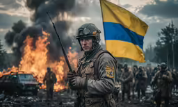 a soldier with a rifle in front of a large fire