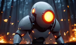 an animated robot is looking up at something
